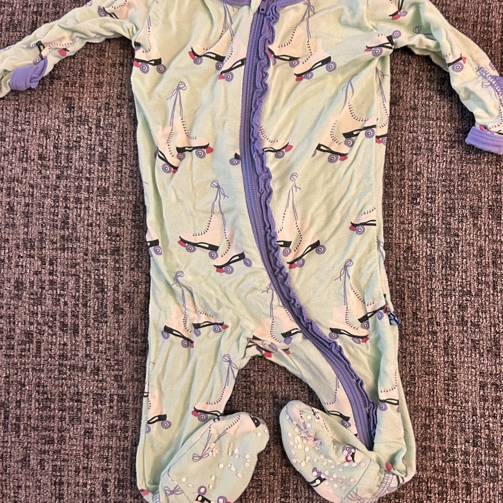 Roll skates Print Kids One Piece Pajama - mint bamboo ruffle butt